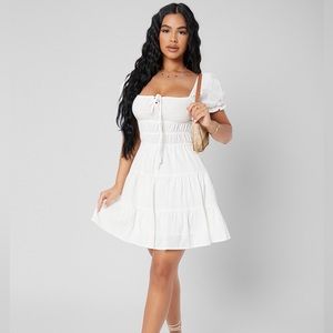 Petite Puff Sleeve Tie Front Ruffle Hem Dress